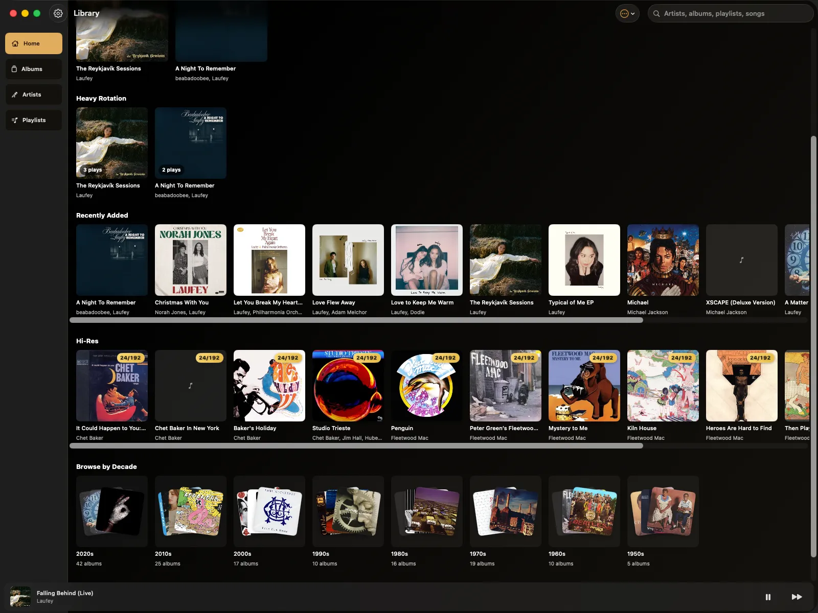 Kord on macOS — library home with album artwork and Browse by Decade